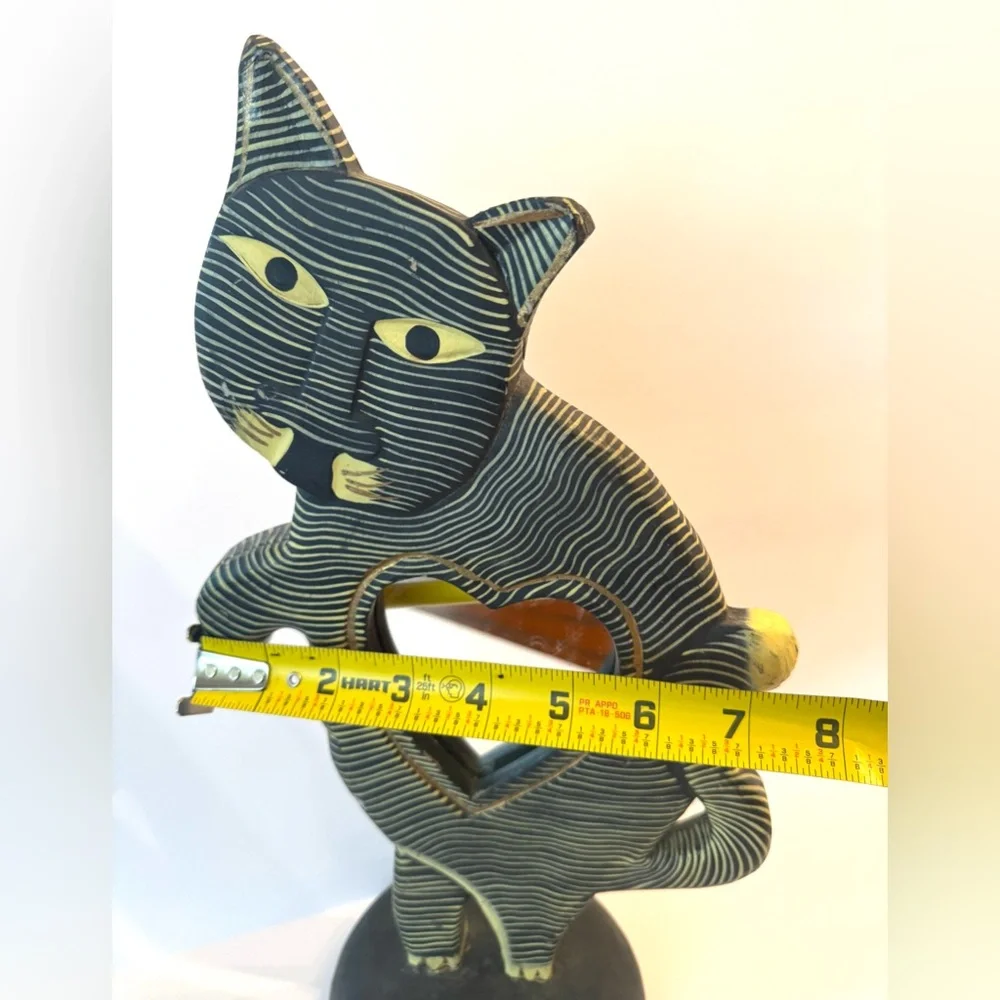 PIER 1 STRIPED WOODEN FOLK ART CAT With MIRROR Statue 15” tall